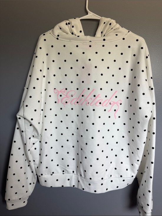 Edikted Tops - Edikted White Polka Dot Hoodie with Pink Script Logo